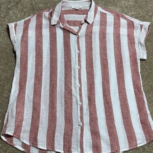 beachlunchlounge Rust and White Vertical Stripe Button-Down Top linen
